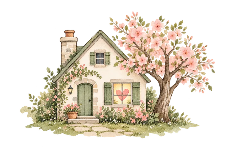 A watercolor cottage with a heart in the window beside a blossoming tree